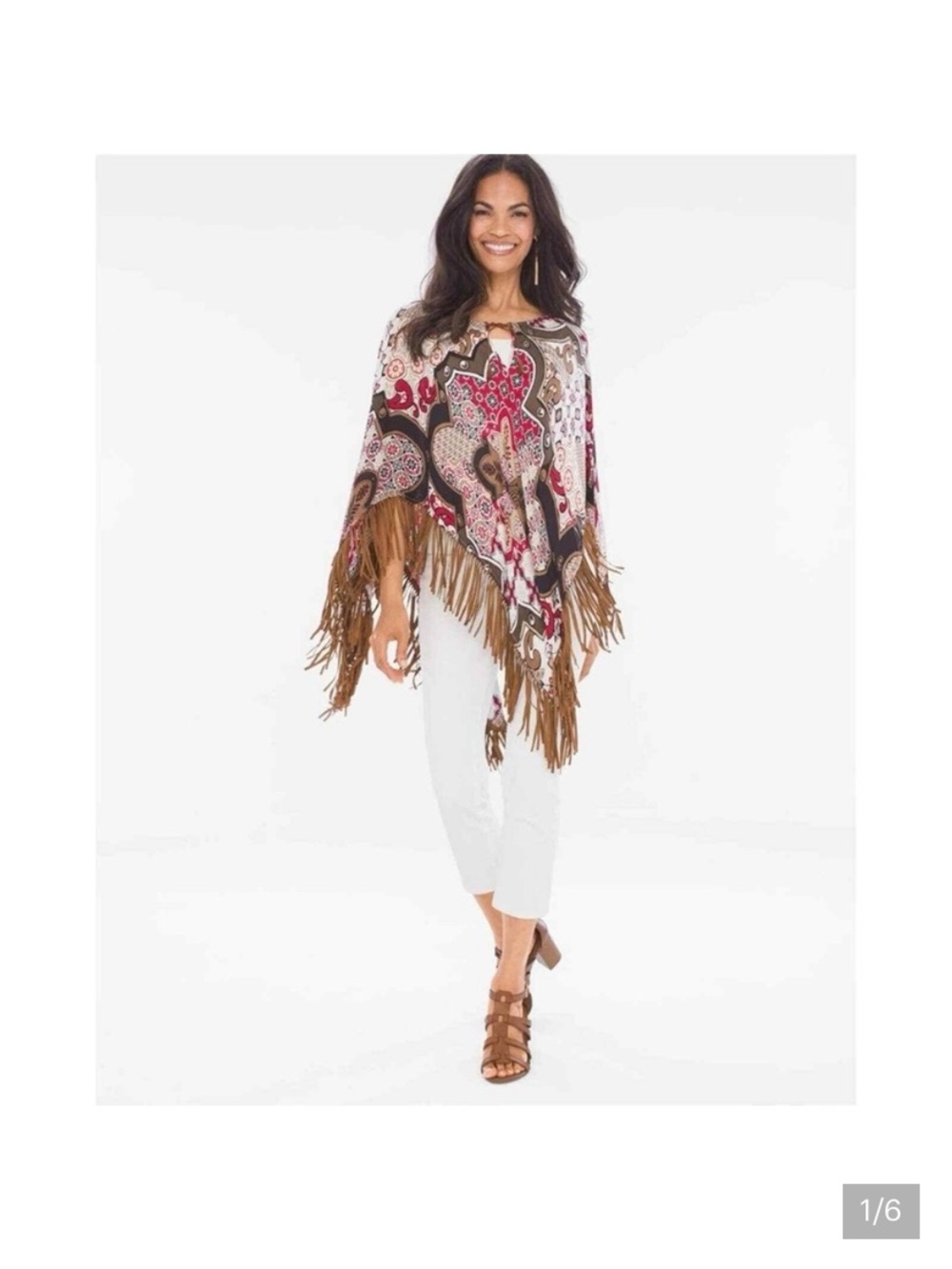 Chico's Multi-Colored Paisley Fringed Poncho with Brown Trim - Picture 5 of 7